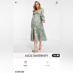 Asos Design Maternity long sleeve midi maxi green dress, size US 2